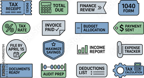 Tax day finance icon and label set with receipt, total due, invoice paid, savings and deduction badges in blue green colors for accounting templates, office documents, budgeting graphics and reports