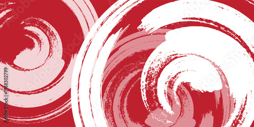 Abstract grunge swirl design with bold red background and large circular brush strokes forming spiral patterns, Modern artistic style
