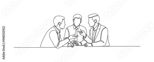 Brainstorming Session. Minimalistic one-line drawing individuals leaning over table discussing plans, continuous single black line on white background, simple
