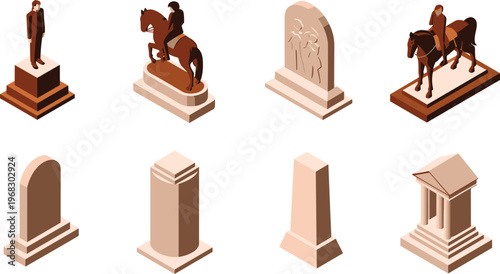 Isometric statue monuments set, equestrian sculpture, memorial stones, architectural pedestals, classic columns, 3D vector heritage landmarks collection
