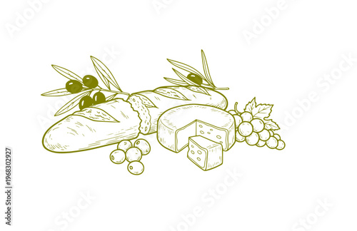 Local Flavor French Bread and Cheese Silhouette, Hand Rendered Gastronomy Vector Sticker, Organic Imperfect Heritage Food Illustration