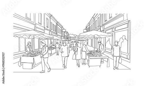 Shopping Experience. Minimalistic one-line drawing people walking past shops and browsing street market items, continuous single black line on white