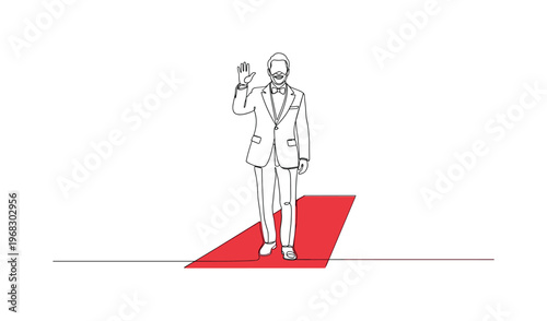 Famous Star. Minimalistic one-line drawing actor or actress waving and smiling on red carpet, continuous single black line on white background, simple outline