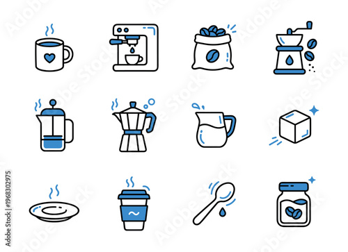 Collection of stylized icons representing coffee making and serving elements