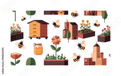 urban biodiversity icons seamless pattern, repeating pattern, surface design, textile print, modern illustration of bees, beehives, flowers, gardens, rooftops,