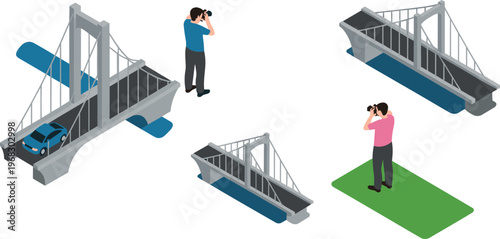 Isometric suspension bridge illustration set, road bridges with photographers and cars, transport infrastructure concept, urban elements, detailed vector design collection