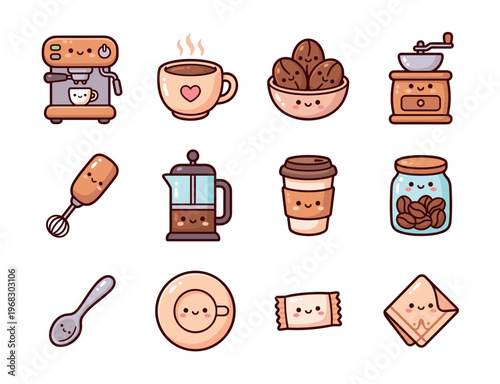 Cute kawaii coffee icons featuring espresso machine, beans, cup, and grinder