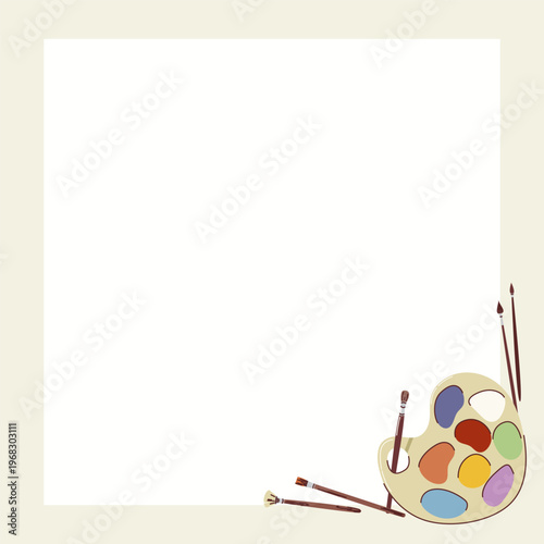 Artistic Frame Background with Watercolor Palette Pencils and Creative Art Supplies