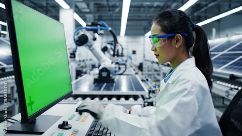 A female technician in protective eyewear and a lab coat operates a computer with a green screen in a modern manufacturing facility with robotic arms