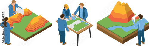 Isometric terrain mapping illustration, topographic analysis teamwork, geospatial planning concept, 3D landscape model, cartography design, land survey visualization scene