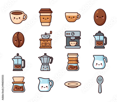 Cute kawaii coffee icons collection with various brewing methods and accessories