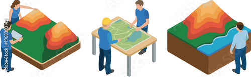 Isometric topography illustration, terrain mapping concept, geographers analyzing landscape model, 3D land elevation, cartography design, geographic data visualization scene