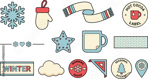 Cozy winter design elements set with snowflake, mitten, scarf, hot cocoa badge, mug and seasonal icons in soft colors for greeting cards, holiday branding, stickers, posters and packaging