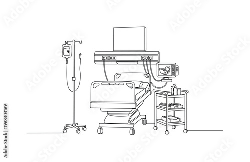 Birthing Room. Minimalistic one-line drawing hospital delivery area with bed and surrounding medical devices, continuous single black line on white background,
