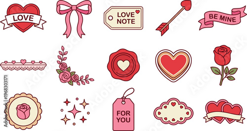 Cute Valentine design elements set with hearts, labels, bows, arrow, rose and romantic icons in pink and red for greeting cards, wedding invites, stickers, packaging, branding and social media