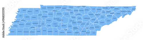 Fotografi Tennessee County Map, Detailed Vector Illustration of USA Administrative Boundar
