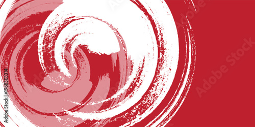 Abstract grunge swirl design with bold red background and large circular brush strokes forming spiral patterns, textured paint splashes in white and soft pink tones
