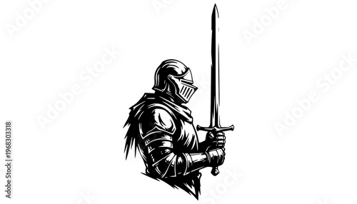 A knight in armor holding a sword in a defensive stance