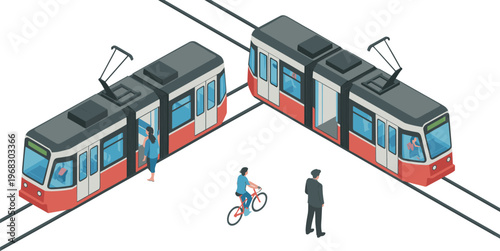 Isometric tram intersection scene, urban public transport, passengers boarding, cyclist crossing, modern city mobility, electric streetcar, minimal vector illustration