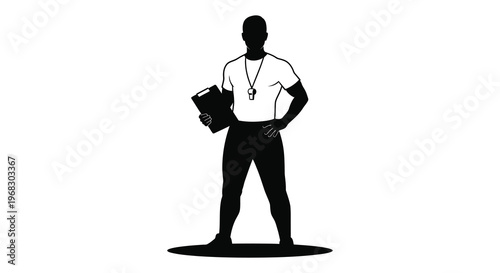A coach stands with a clipboard showcasing a stark silhouette
