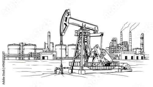 An oil pumpjack illustration in a factory setting with industrial buildings