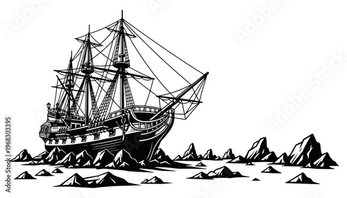A ship silhouette illustration stuck in icy mountain waters