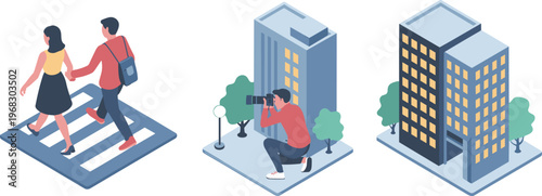 Isometric urban lifestyle set, couple crossing street, photographer shooting city, modern buildings, city life concept, minimal 3D vector illustration