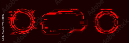 High tech hud interface with glowing red alert frames and futuristic holographic elements, abstract vector icons isolated on black background. Game ui design and cyber punk digital displays