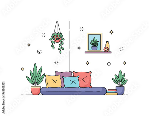 Quiet apartment corner nook concept where a small seating area with cushions and plants provides a private retreat while tiny sparkle and star icons highlight
