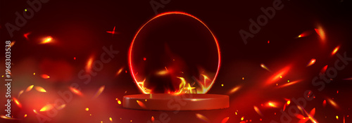 Round podium with fiery ring, glowing flames and sparks, realistic vector background. Dynamic portal effect with smoke clouds and radiant red orange fire energy bursts, burning circular frame