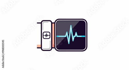 Medical monitor displaying a bright blue cardiogram on a dark screen, with a white cuff