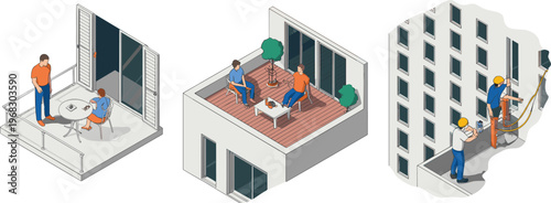 Isometric urban lifestyle scenes, balcony terrace living and building maintenance workers, modern apartment life concept, city living, detailed vector illustration