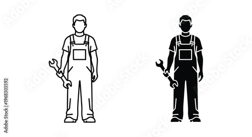 Two depictions of a mechanic holding a wrench a striking silhouette