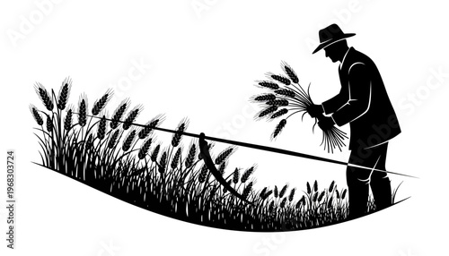 Farmer silhouette harvesting wheat in a field with a scythe