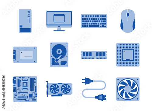 Collection of computer hardware components and peripherals in a flat design style