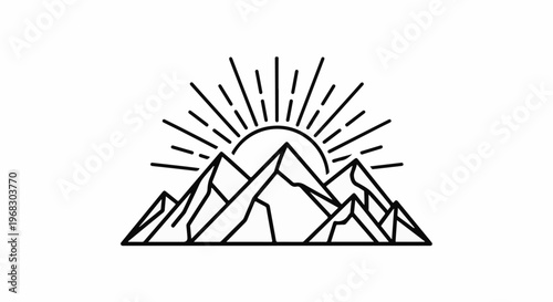 Minimalist mountain peaks bathed in radiant sunlight with radiating lines