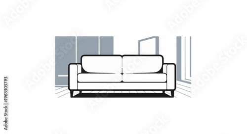 Minimalist two-seater sofa with background paneling and floor shadow lines