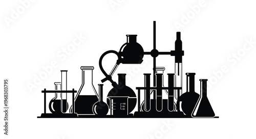 Laboratory glassware and equipment depicted in a striking black silhouette