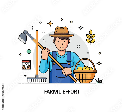 Farmer farm tools concept where a farmer holds a hoe, rake, or basket while tiny sparkle and line icons highlight work, effort, and practical farming. The
