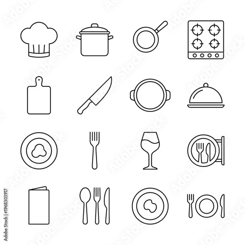 Collection of simple line art icons representing kitchen and dining elements