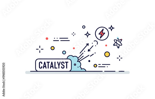 Catalyst reaction process concept where a chemical or abstract reaction spreads while tiny sparkle and line icons highlight activation, energy flow, and