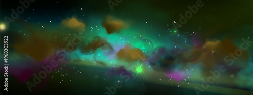 Starry green purple sky background with nebula clouds and cosmic light, space universe scene with glowing stars, abstract vector illustration. Night bright wallpaper with glowing constellation