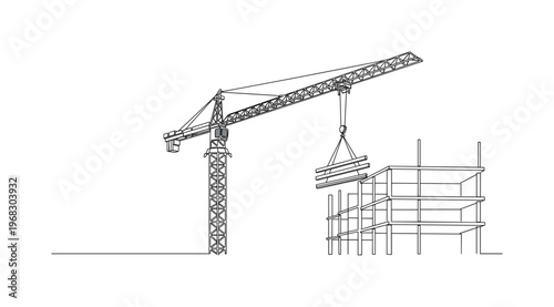 Heavy Construction Crane. Minimalistic one-line drawing crane hoisting steel beams at building site, continuous single black line on white background, simple