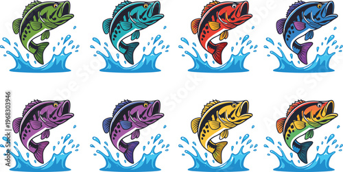 Vector set of six colorful bass fish jumping out of water with splashes for sport fishing and outdoor tournament design.