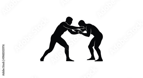 Two wrestlers engaged in intense hand to hand combat a striking silhouette