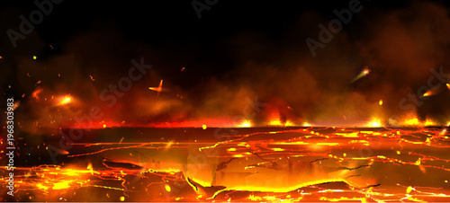 Glowing lava texture with molten magma in ground cracks, fiery red volcanic background, realistic vector illustration. Dramatic hellish liquid flame, broken stone with hot smoke and flying sparks