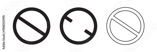 Sign forbidden. Icon symbol ban. Circle sign stop entry and slash line isolated on white background. Mark prohibited. Round cross logo restrict entrance. Signal cancel enter. Vector illustration