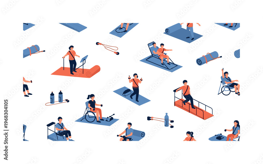 Fototapeta premium rehabilitation patterns seamless pattern, repeating pattern, surface design, textile print, modern illustration of people with disabilities doing adaptive