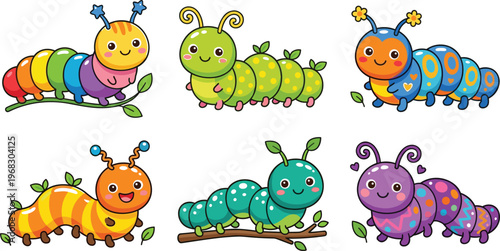 Vector set of six cute cartoon caterpillars in vibrant colors with friendly faces for kids education and garden themed designs.