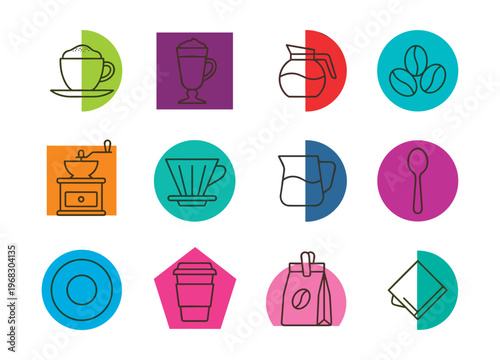 Collection of coffee-related icons including cups, beans, and brewing equipment